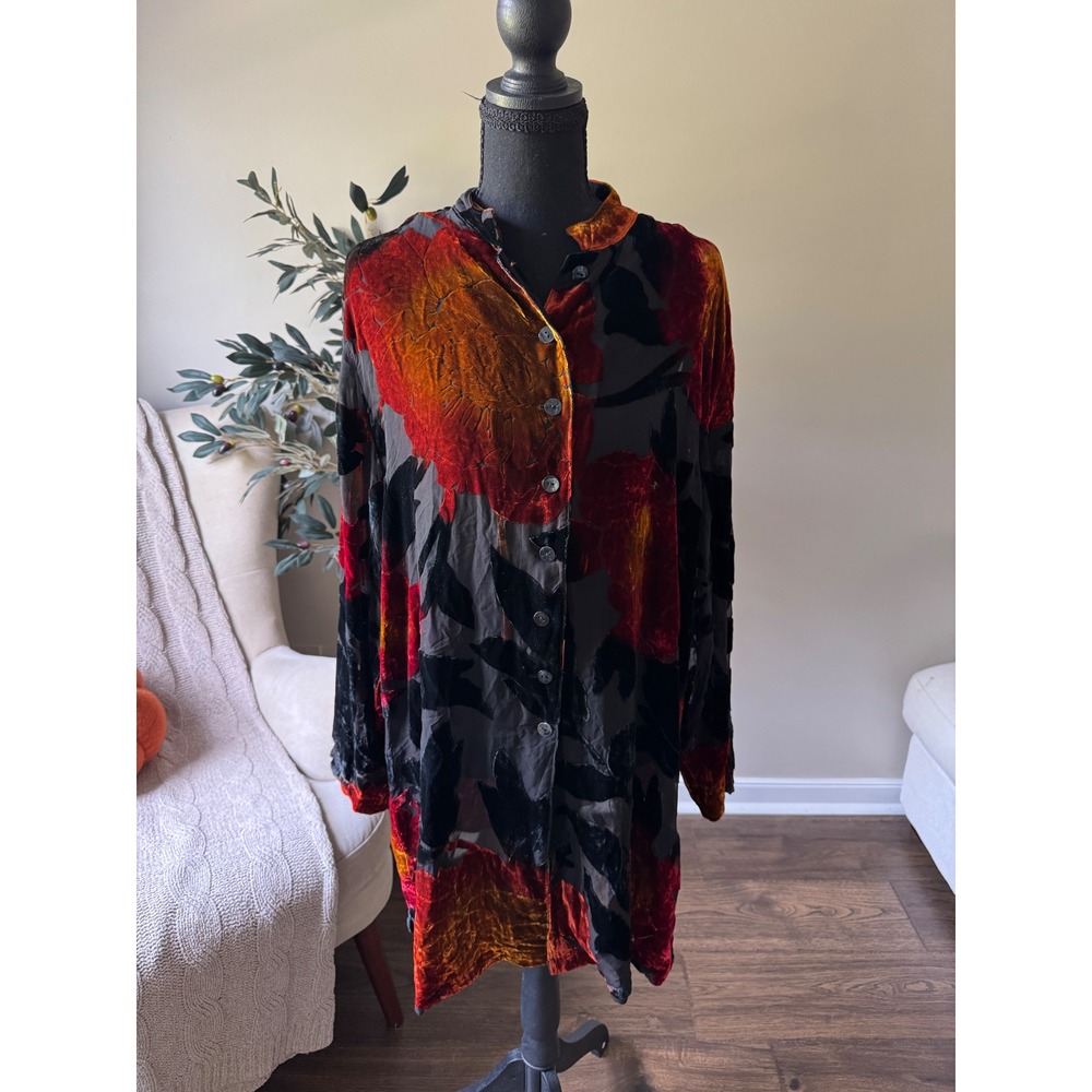 Floral Burnout Velvet Tunic Shirt Sheer Devore Button Down Orange Red Black XL
